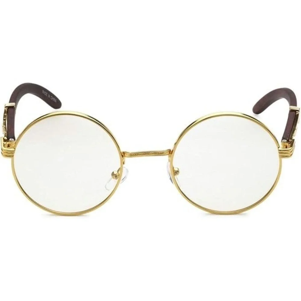 Round Glasses Gold Frame Wood Accent Clear Lens‎ Men's Fashion Hip Hop Festival